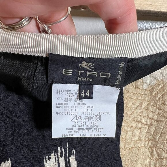 Etro Silk Wool Skirt Size IT 44 US 8 Black Ivory Abstract Print Career Work - Picture 3 of 5
